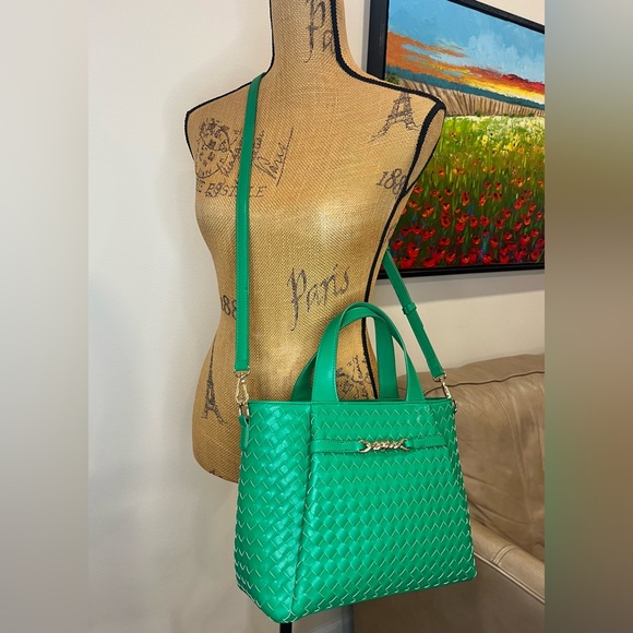 Anthropologie Faux Leather Woven Tote Crossbody Bag Green MSRP $100 - Picture 7 of 14